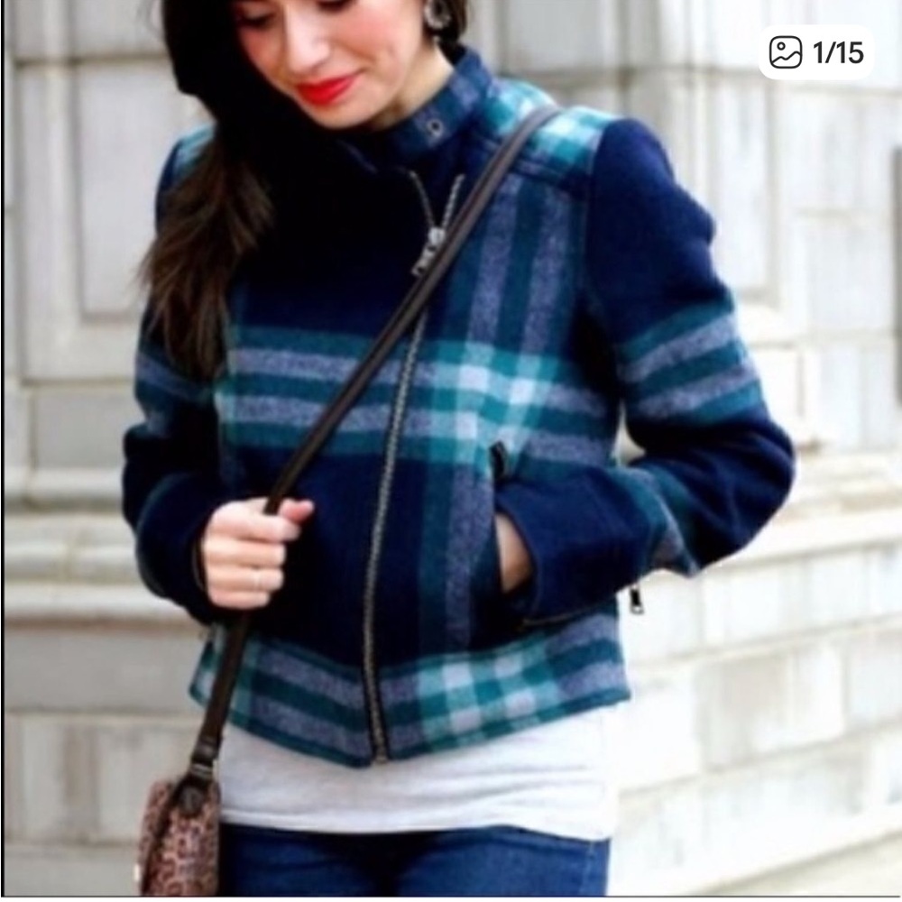 GAP- Plaid Moto Cropped Jacket Green Blue Wool Blend Quilted Lined, Size S